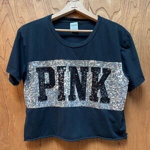 PINK Victoria's Secret PINK Bling Sequin Stripe T-Shirt Black Silver Medium